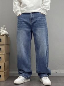 Men's Loose Fit Leg Washed Blue Jeans Casual Street Style